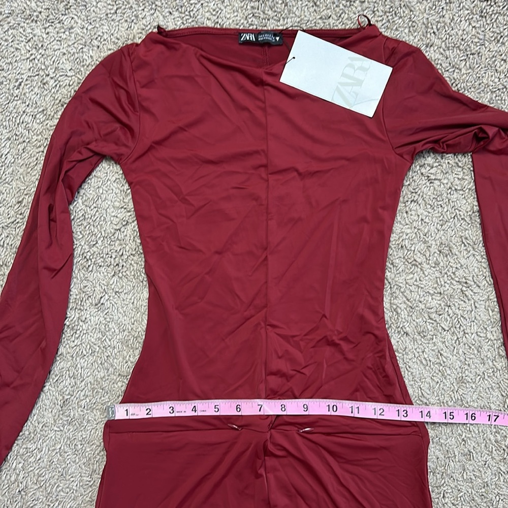 NWT ZARA LONG GODET DRESS - Dark red - Picture 6 of 12